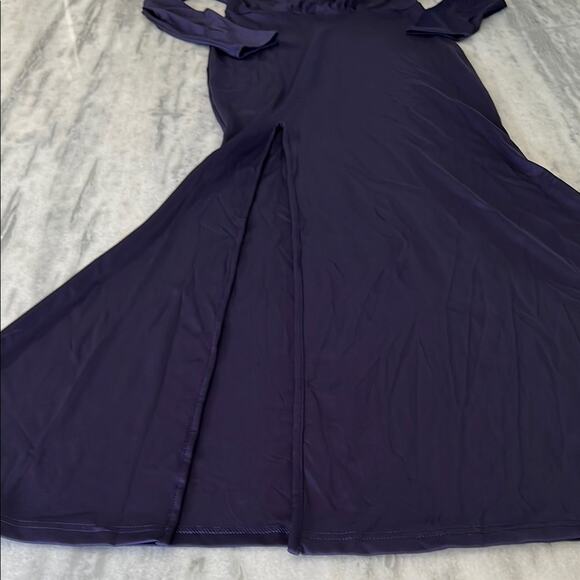 Navy Blue Purple Long Sleeve Gown with Cross V-Neck Extra Long Slit Bodycon - Picture 6 of 12